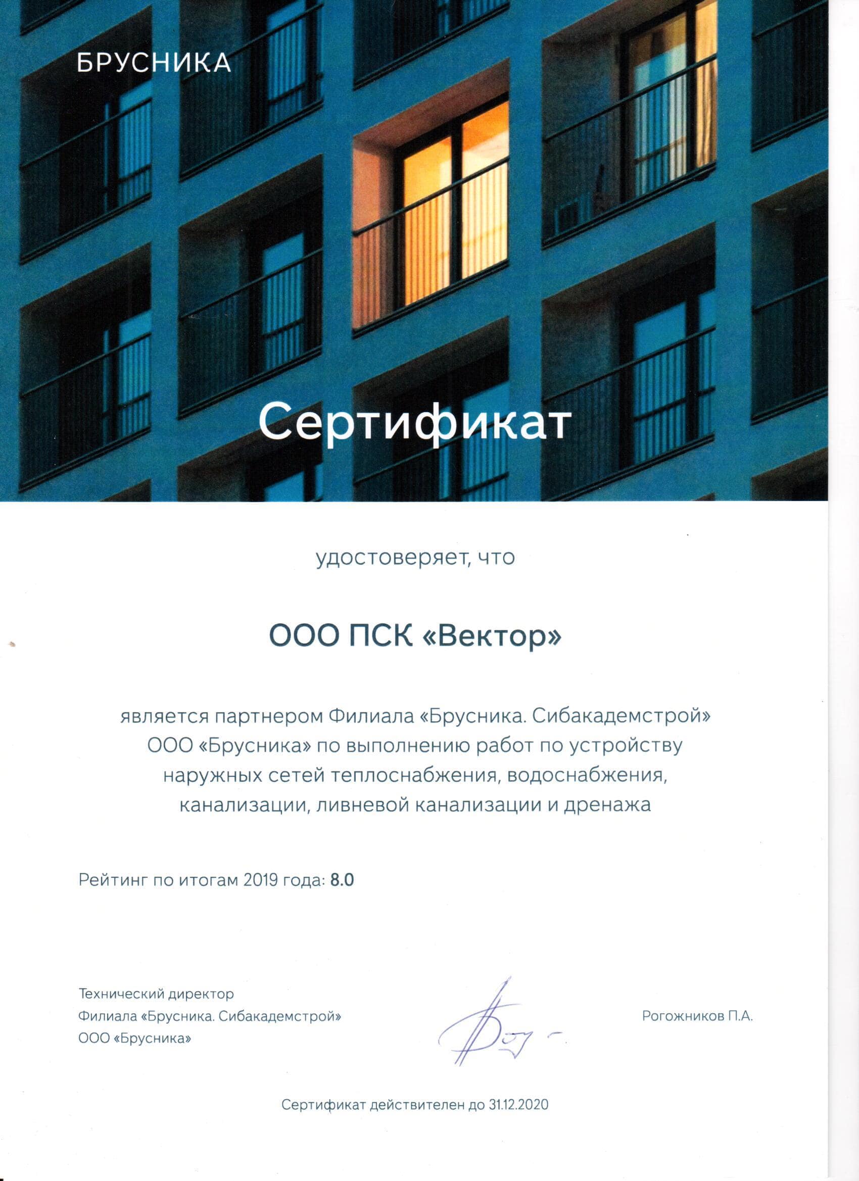 Сертификат от ООО «Брусника»